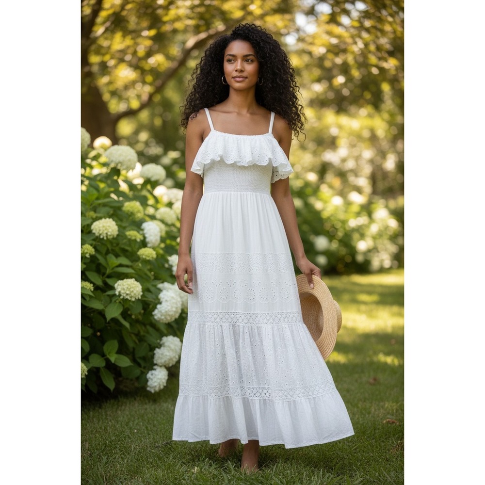 Magic White Eyelet Lace Smocked Tiered Maxi Dress Cotton Boho Summer M